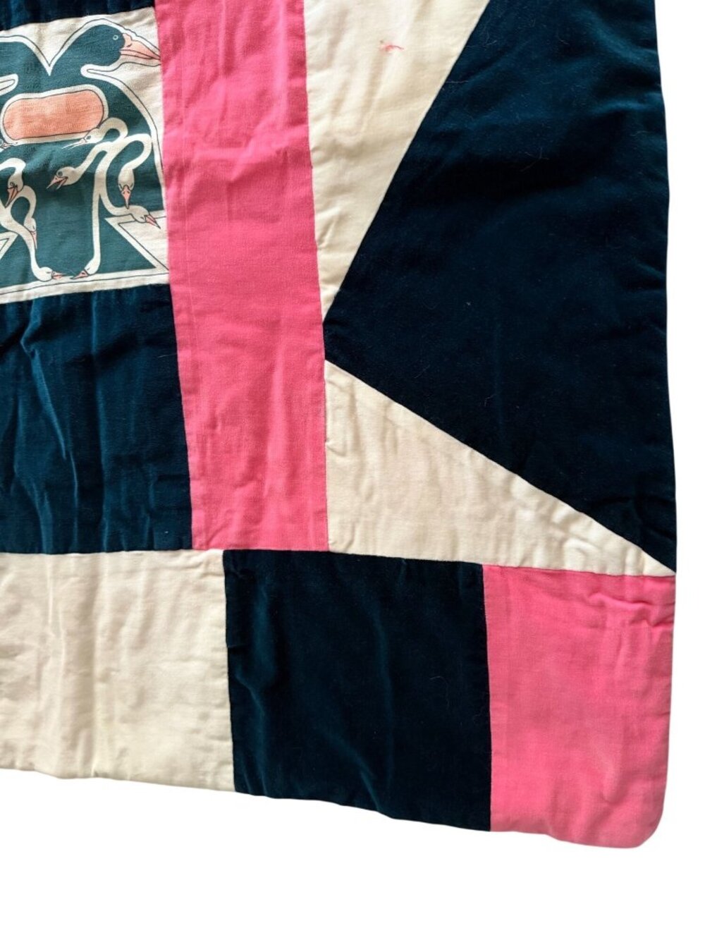 Handmade Vintage Velvet Pink Navy White Duck Quilt Satin Back Blanket 32x38" - Picture 3 of 7